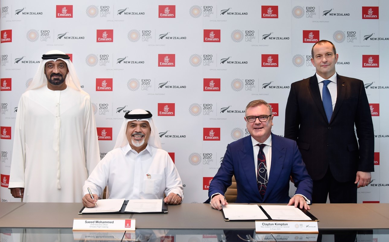 Emirates Flight Catering CEO, Saeed Mohammed and Clayton Kimpton, New Zealand Commissioner-General to Expo 2020, sign the partnership in the presence of His Highness Sheikh Ahmed bin Saeed Al Maktoum, Chairman and Chief Executive, Emirates Airline and Group and Jeremy Clarke-Watson, New Zealand Ambassador to the United Arab Emirates